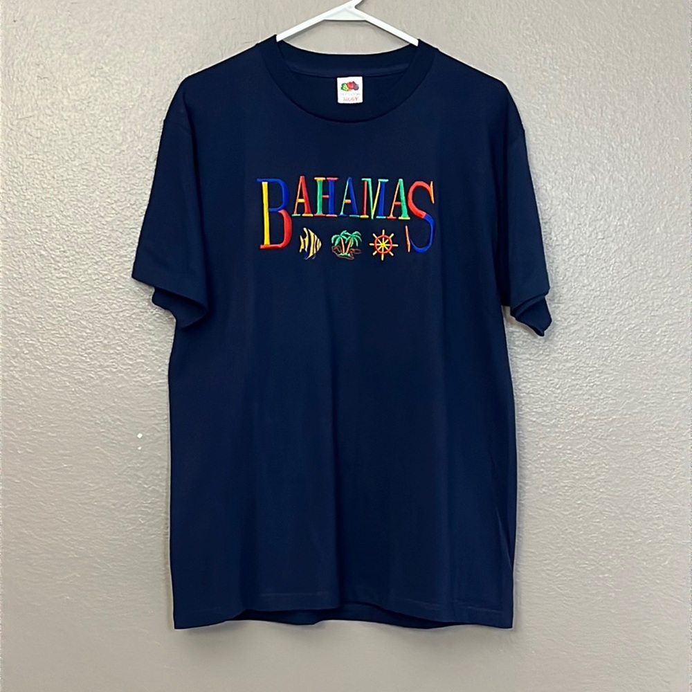 Fruit of the Loom Heavy Cotton Embroidered Bahamas Blue Tee Shirt Large Blue